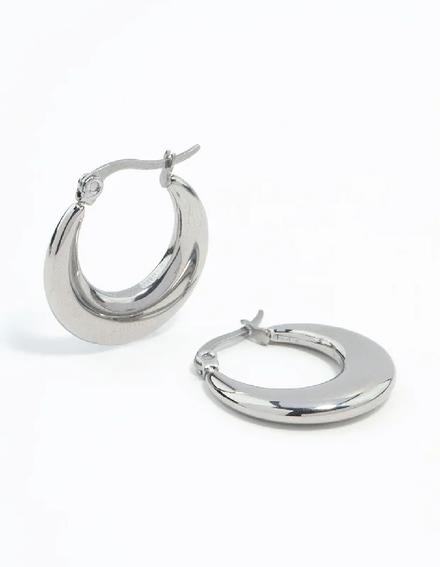 Victorian style earrings-Waterproof Stainless Steel Flat Crescent Hoop Earrings