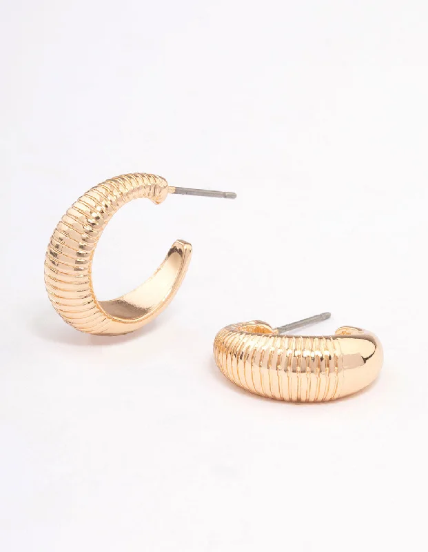 Lily motif earrings-Gold Ribbed Teardrop Hoop Earrings