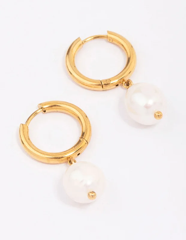 Onyx gem earrings-Gold Plated Surgical Steel Classic Freshwater Pearl Hoop Earrings