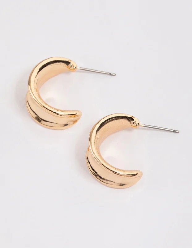 Glossy silver earrings-Gold Wide Warped Hoop Earrrings