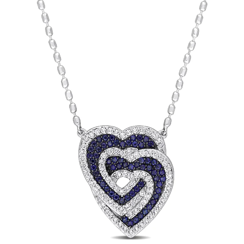 Heavy collar necklaces-Miadora 1 2/5ct TGW Created Blue Created White Sapphire Heart Necklace Sterling Silver