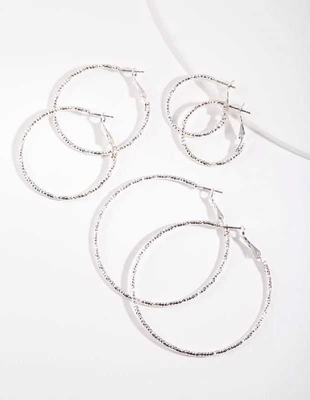 Patina brass earrings-Silver Textured Hoop Earring Pack