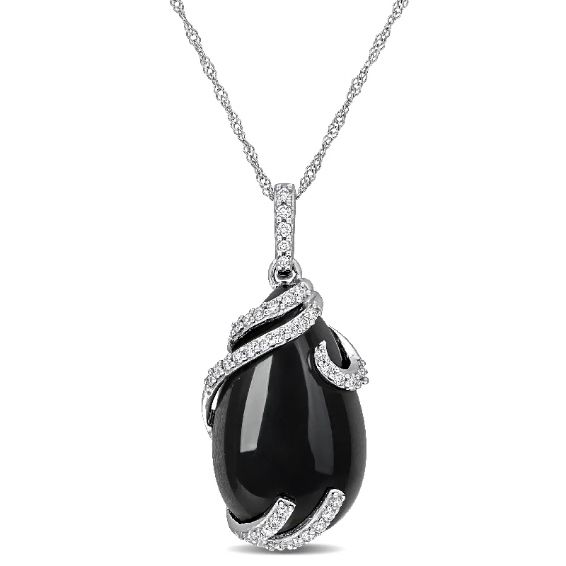 Multi-layer necklaces-Miadora 9ct TGW Black Onyx and 1/5ct TDW Diamond Swirl Drop Necklace 10k White Gold-17 in