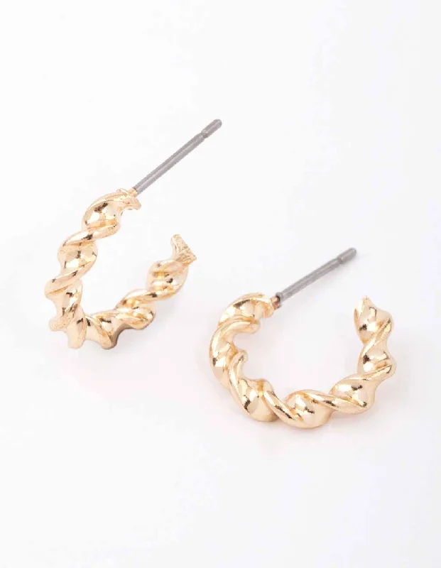 Solid ring earrings-Gold Rope Twisted Huggie Earrings