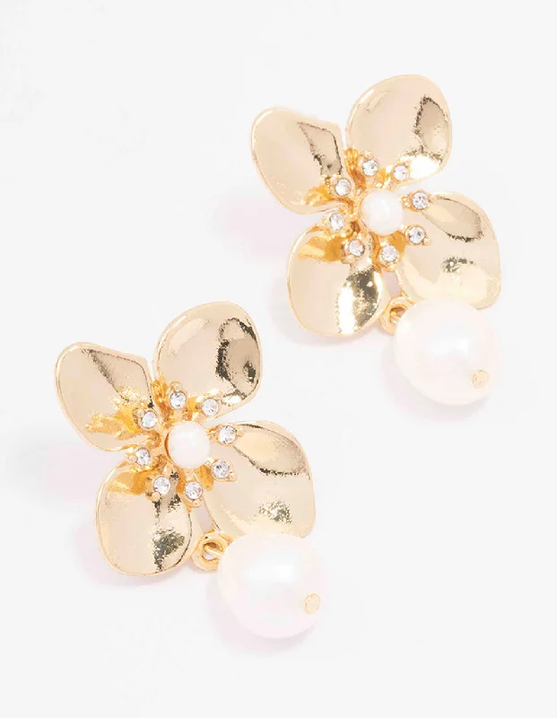 Thin hoop earrings-Gold Plated Crystal Flower Pearl Drop Earrings