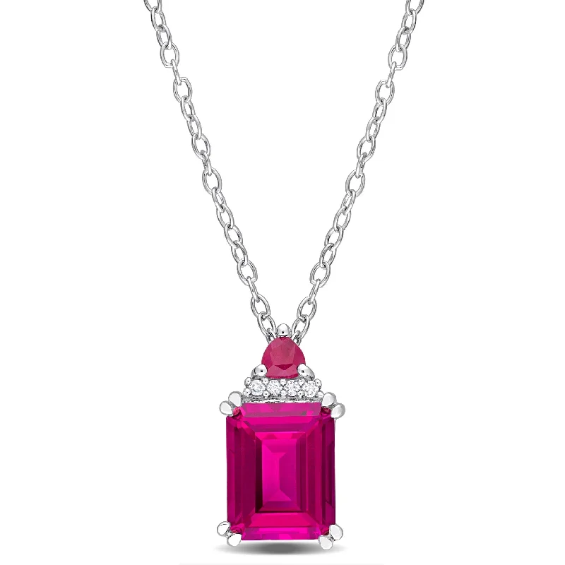 Oval shape necklaces-Miadora 3 1/6ct TGW Pink Topaz Ruby Diamond Accent Necklace Sterling Silver