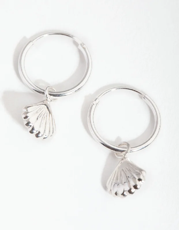 Layered drop earrings-Sterling Silver Shell Hoop Earrings