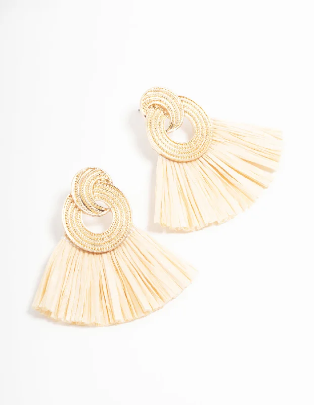 Patina brass earrings-Gold Raffia Fan Drop Earrings