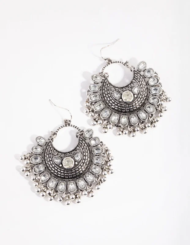 Thick hoop earrings-Antique Silver Diamante Drop Chandbali Earrings