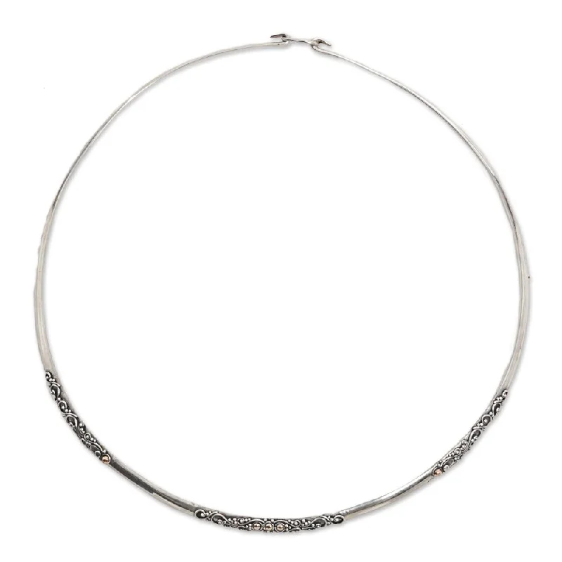 Round pendant necklaces-Gold Accent Sterling Silver Collar Necklace, 'Swirling Vines' (Indonesia)