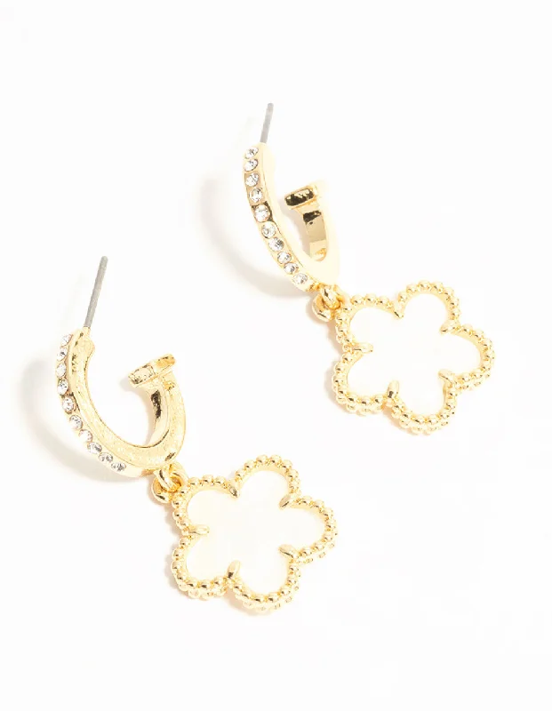 Tiny dot earrings-Gold Plated Flower Drop Diamante Hoop Earrings