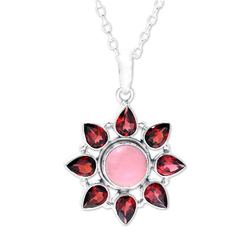 Thin filigree necklaces-NOVICA Glowing Flower, Garnet and opal pendant necklace