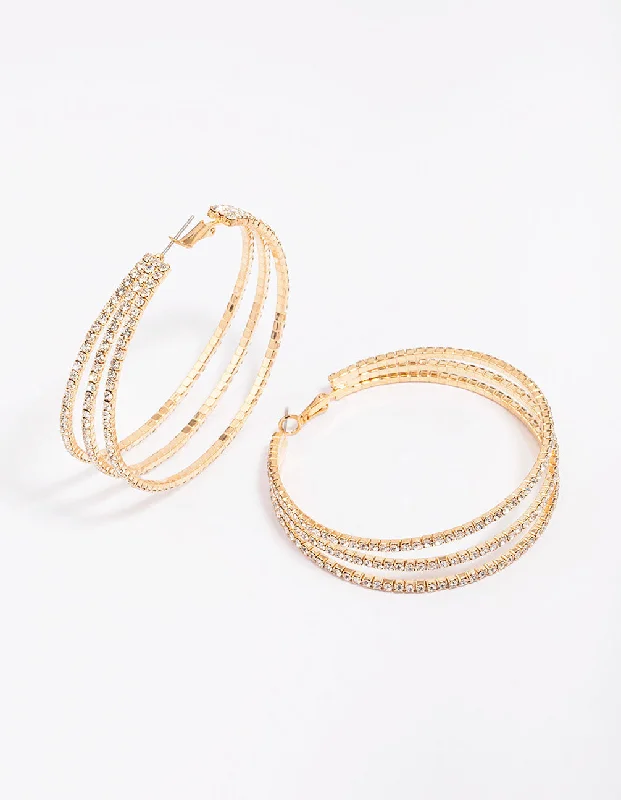 Silk fringe earrings-Gold Medium Triple Row Diamante Hoop Earrings