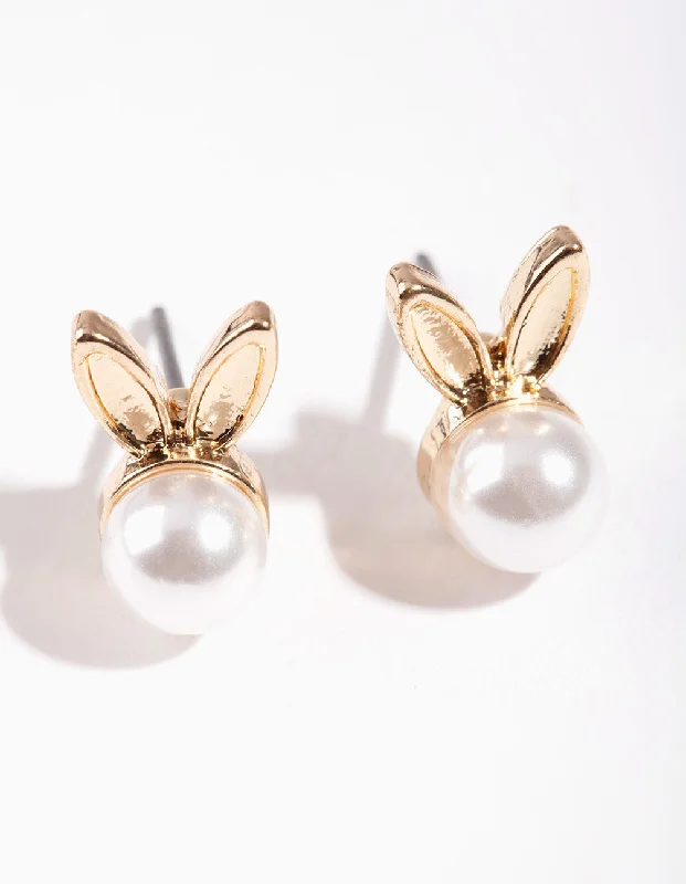 Light clay earrings-Gold & Pearl Bunny Stud Earrings