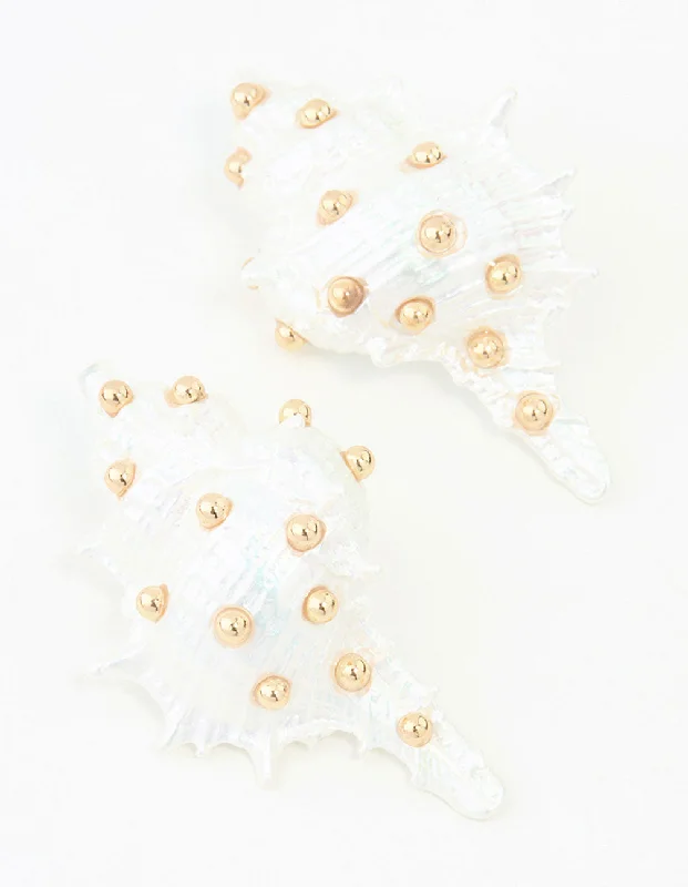 Layered drop earrings-Statement Gold & White Acrylic Shell Earrings