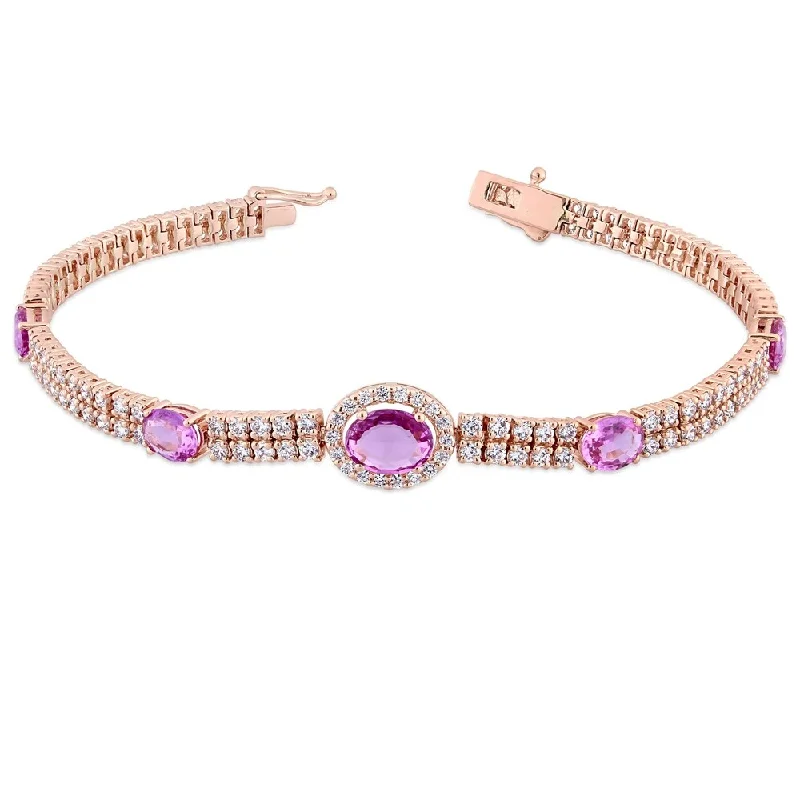 Dusk gothic bangles-Miadora 14k Rose Gold Pink Sapphire 2-7/8ct TDW Diamond Tennis Halo Stationed Bracelet