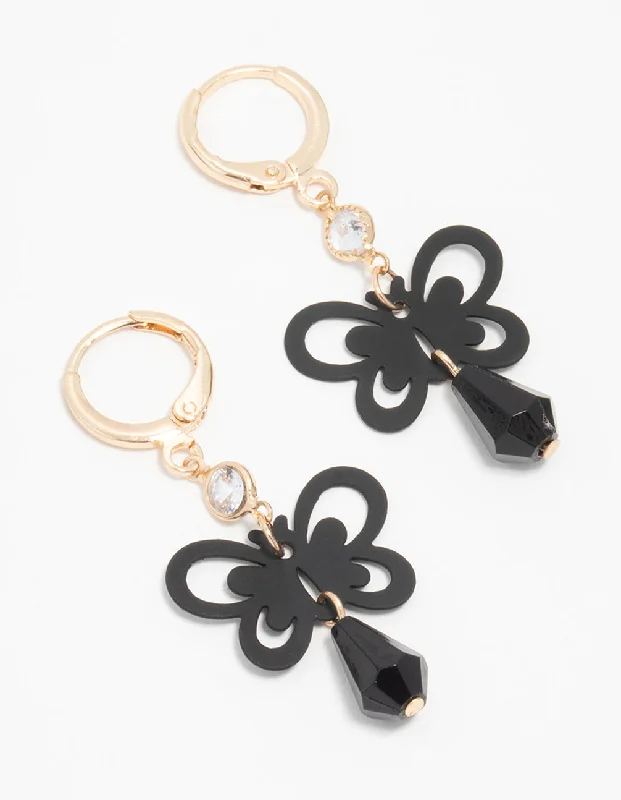 Tide drop earrings-Gold Black Diamante Butterfly Huggie Earrings