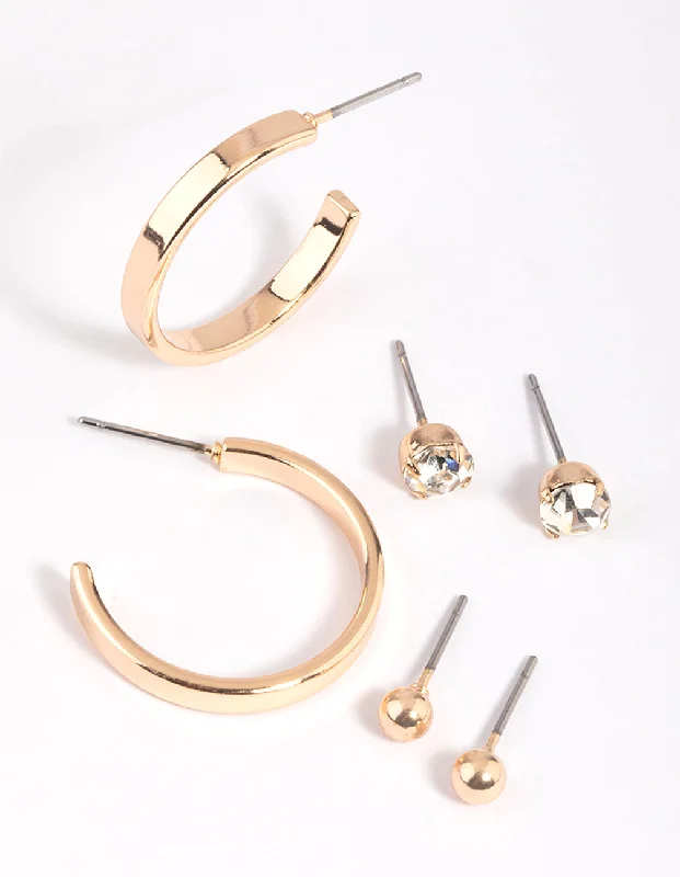 Vintage flair earrings-Gold Plain Stud & Hoop Earring Pack