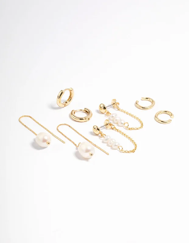 Crystal-twisted earrings-Gold Plated Freshwater Pearl Threader Huggie Earrings 4-Pack