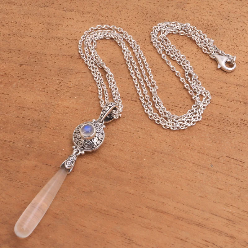 Neat-line necklaces-Handmade Quartz and Rainbow Moonstone Pendant Necklace Buddha'S Tear (Indonesia)