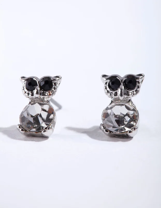 Thick hoop earrings-Silver Diamante Owl Stud Earrings