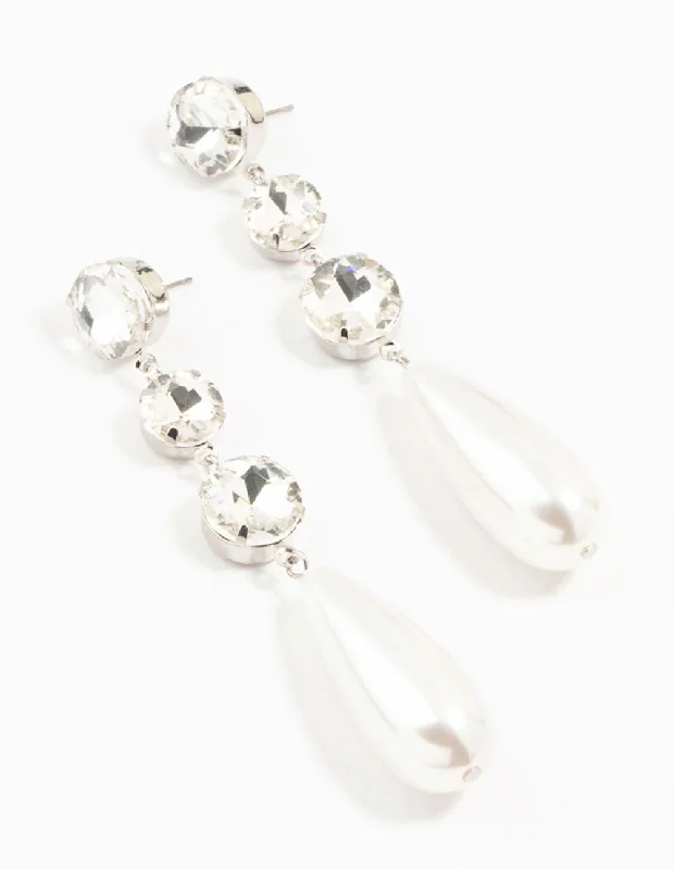 Textured disc earrings-Silver Diamantes & Pearl Drop Earrings