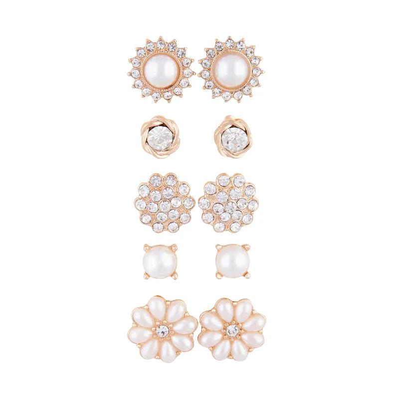 Rough texture earrings-Gold Pearl Flower 5-Pack Clip On Earring