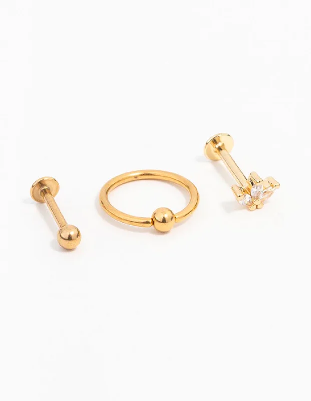 Thick hoop earrings-Gold Plated Surgical Steel Marquise & Ball Flat Back Earrings 3-Pack