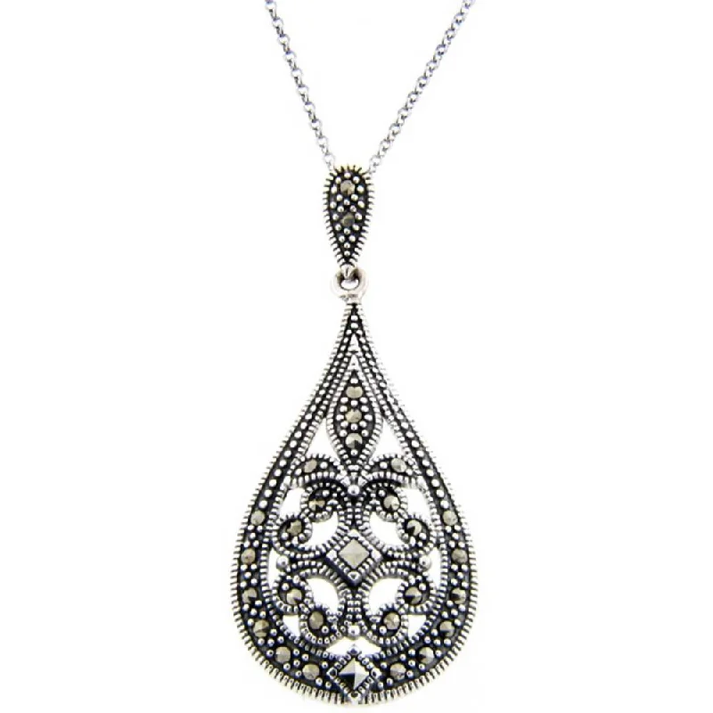 Floating gem necklaces-Pretty Plus Sterling Silver Marcasite Filigree Art Deco Teardrop Necklace