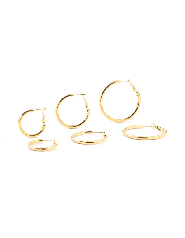 Mystic eye earrings-Waterproof Gold Plated Stainless Steel Large Basic Hoop Earrings 3-Pack