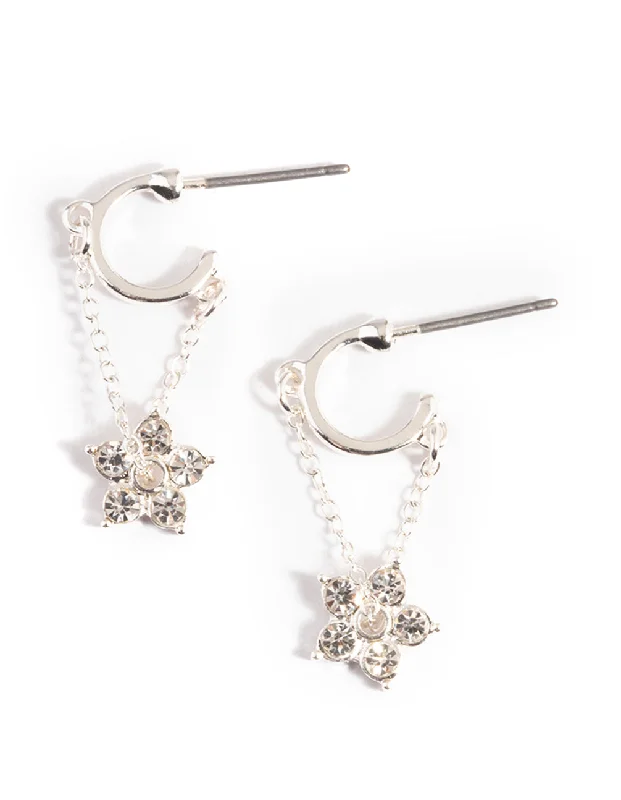 Curved design earrings-Silver Diamante Flower Chain Huggie Earrings