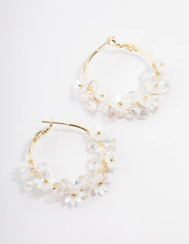 Astro charm earrings-Gold Plated Freshwater Pearl Diamante Flower Hoop Earrings