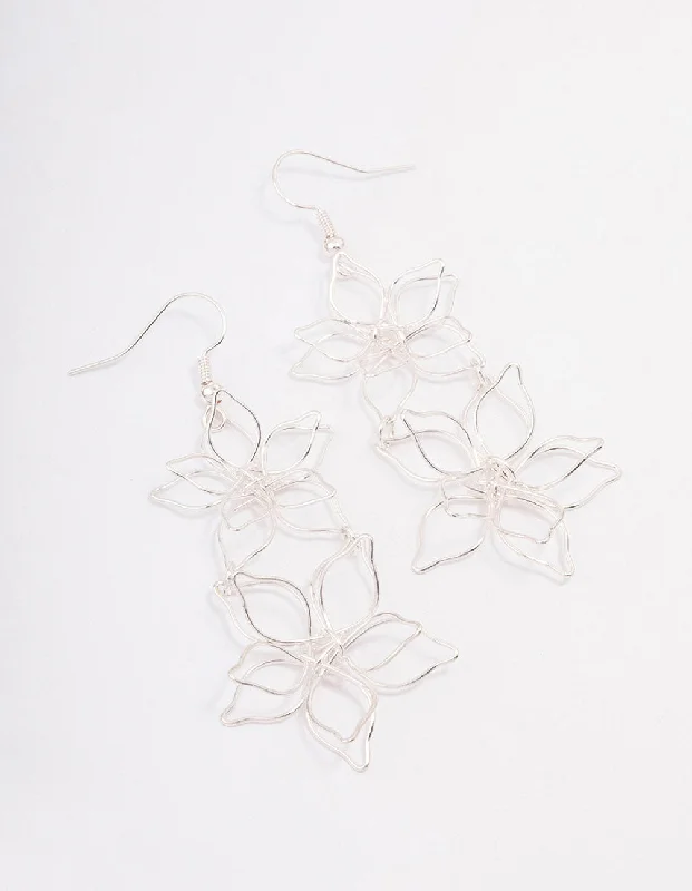 Fluid art earrings-Silver Double Wire Flower Drop Earrings