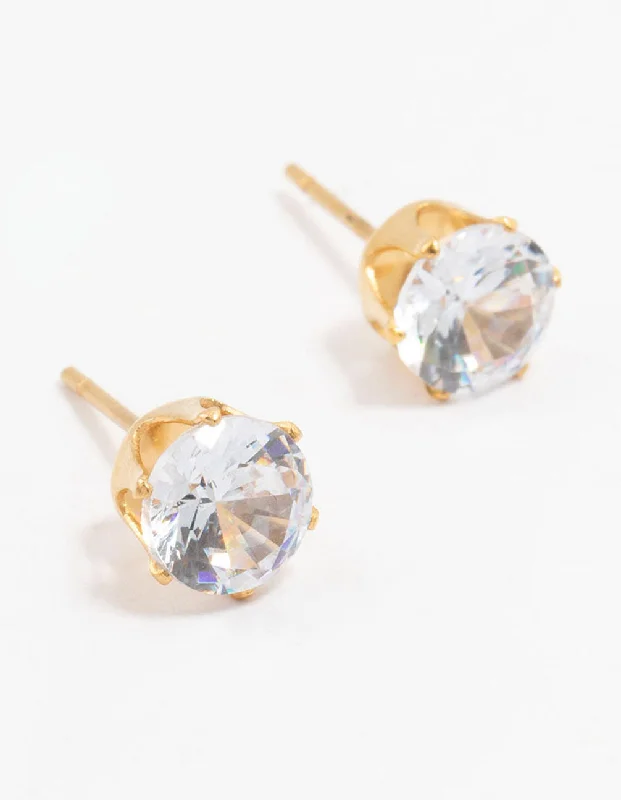 Tide drop earrings-Waterproof Gold Plated Stainless Steel Cubic Zirconia Stud Earrings 7 MM