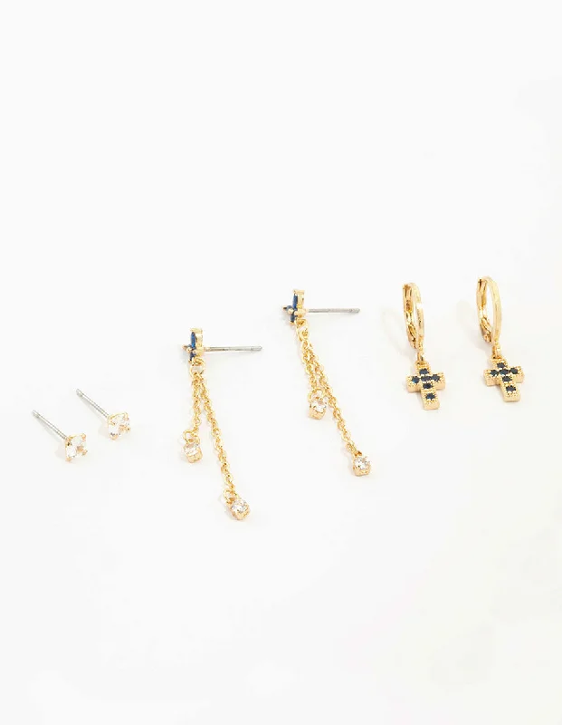 Alloy metal earrings-Gold Plated Cubic Zirconia & Cross Earrings 3-Pack