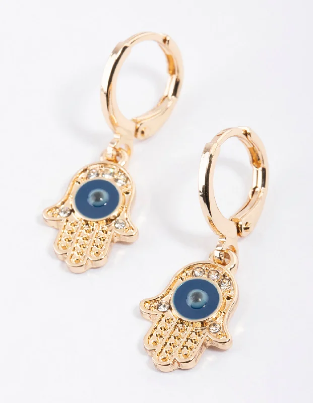 Petal hoop earrings-Gold Evil Eye Hand Huggie Earrings