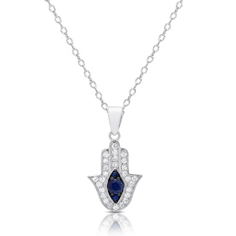 Round pendant necklaces-Dolce Giavonna Sterling Silver Simulated Sapphire and Cubic Zirconia Hamsa Hand Necklace