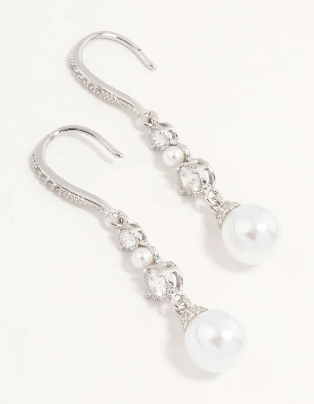 Dove feather earrings-Silver Pearl & Cubic Zirconia Drop Hook Earrings