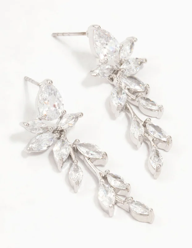 Lily motif earrings-Cubic Zirconia Dainty Leaf Silver Drop Earrings