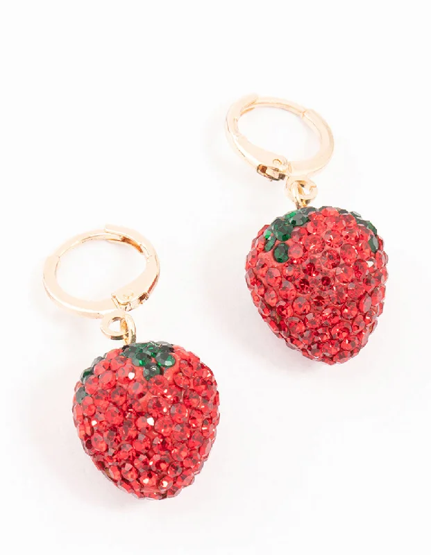 Radiant pearl earrings-Strawberry Diamante Gold Huggie Earrings