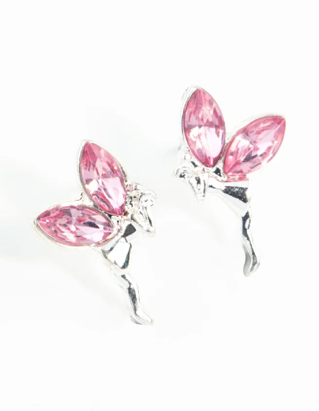 Flat badge earrings-Silver Metal Fairy Stud Earrings