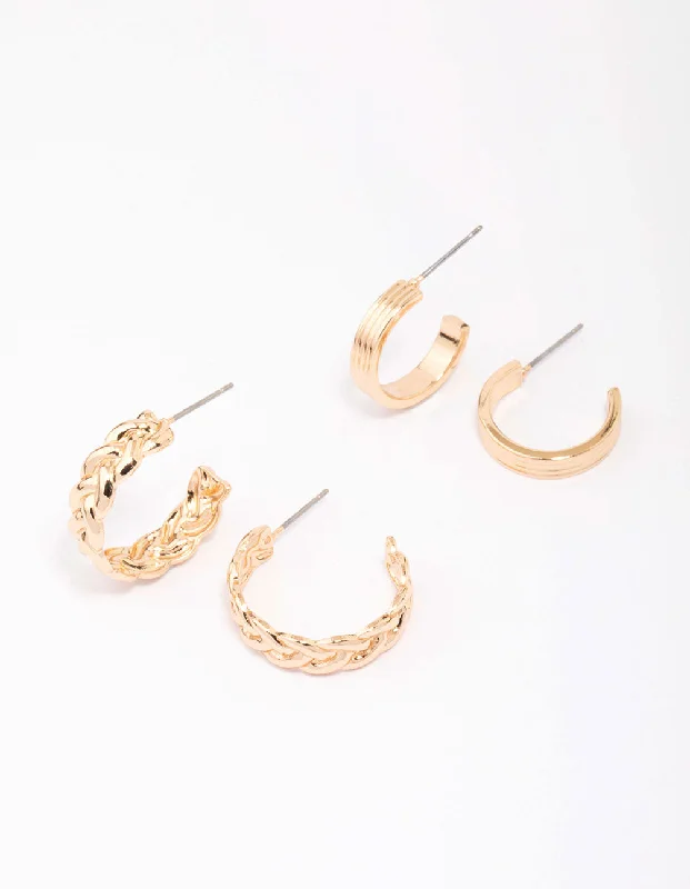 Thin pearl earrings-Gold Braided & Ribbed Hoop Earring Pack