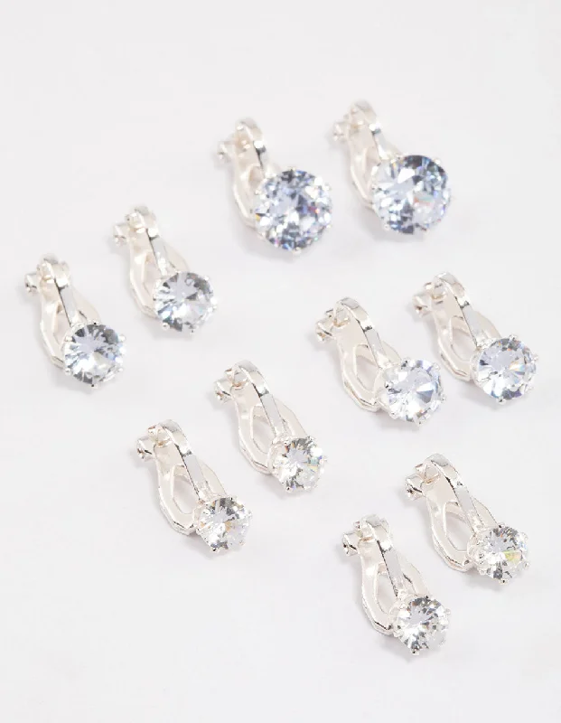 Agate drop earrings-Silver Graduating Diamante Clip On Earrings 5-Pack