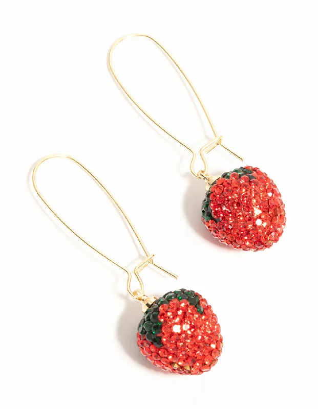 Leaf design earrings-Gold Red Diamante Strawberry Drop Earrings