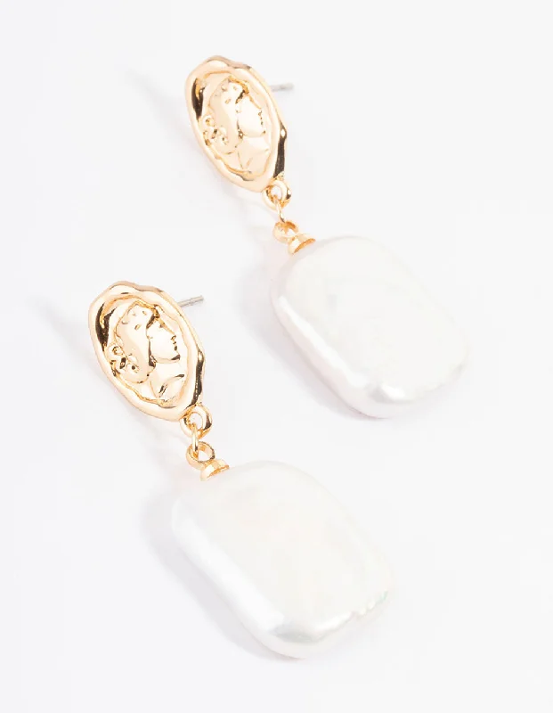 Textured disc earrings-Gold Plated Oval Coin & Freshwater Pearl Drop Earrings