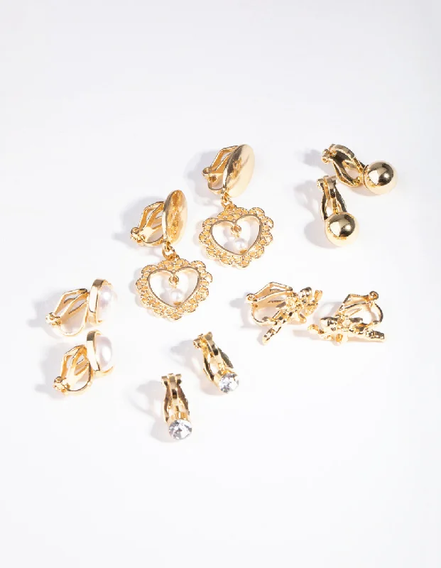 Petal hoop earrings-Gold Faux Pearl Heart Clip On 5-Pack Earring