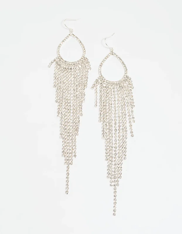 Java tile earrings-Silver Diamante Fringe Drop Earrings