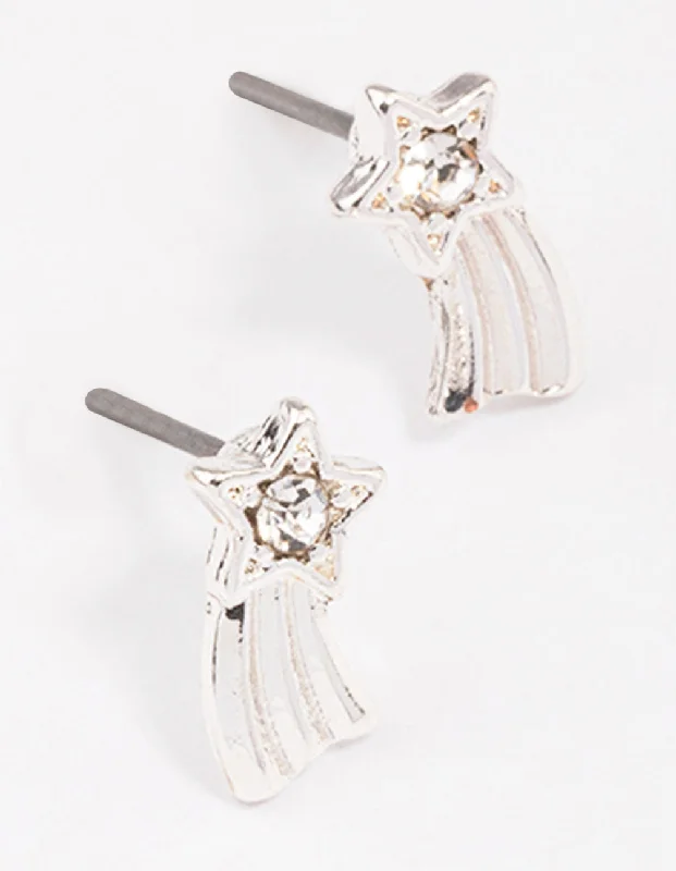 Fox wing earrings-Silver Diamante Shining Star Stud Earrings