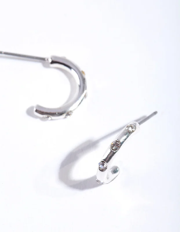 Tiny wing earrings-Silver Simple Diamante Half Hoop Earrings