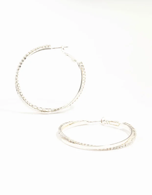 Retro clip earrings-Silver Smooth Cup Chain Diamante Hoop Earrings